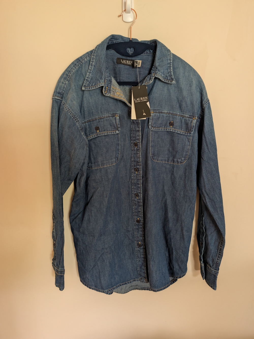 ​NWT Lauren Ralph Lauren Denim Utility Shirt Medium Button Front Blue Cotton